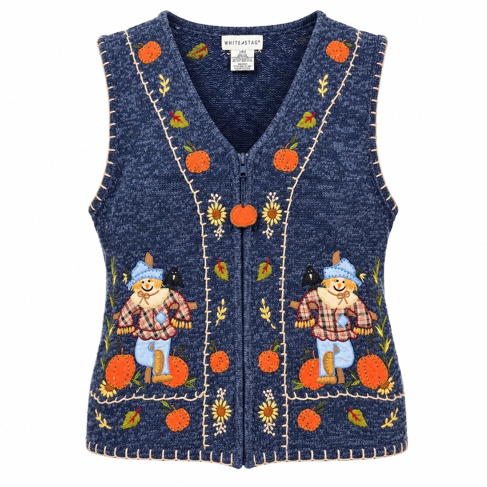 Vintage Cottagecore Pumpkin Scarecrow Knit Vest Women Large Fallcore Whimsical
